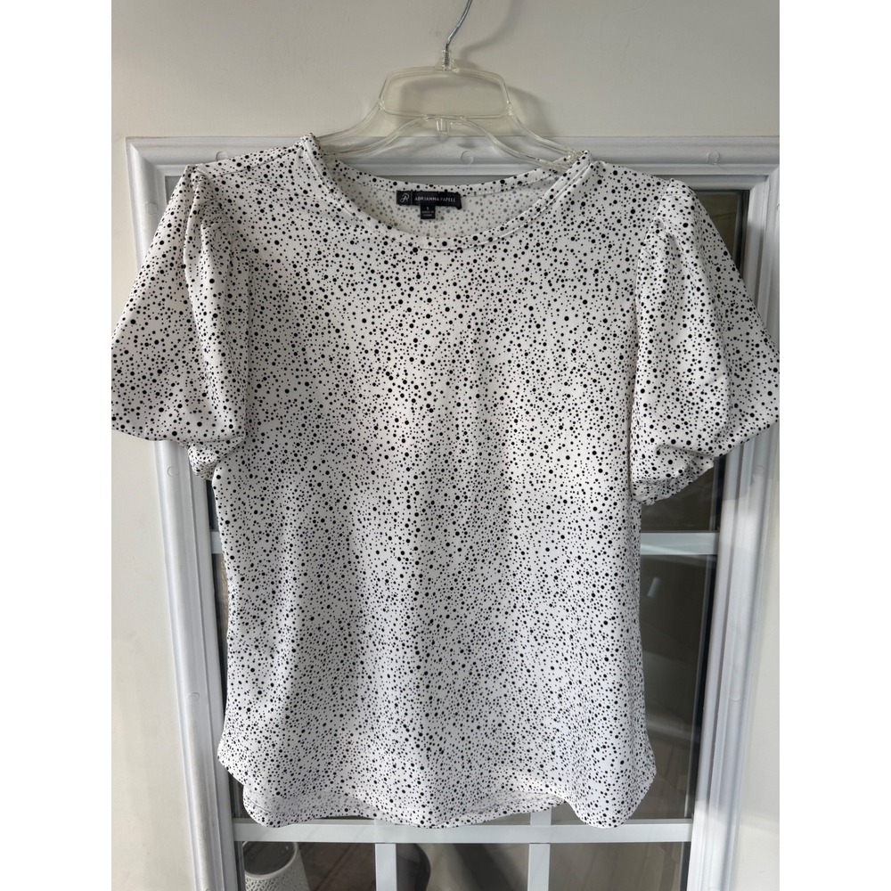 Adrianna Papell white blouse, black speckled polka dots, short puff sleeves SM